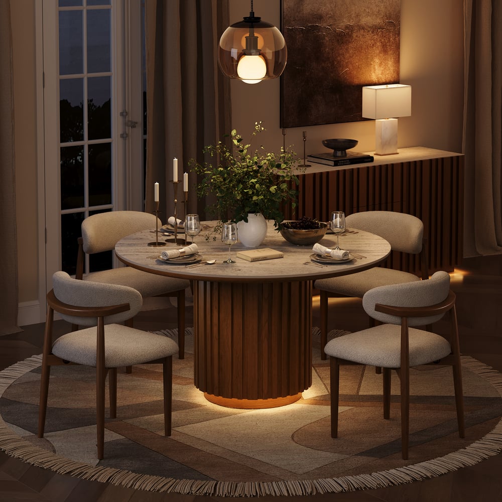 Table à manger ronde Aura de 119 cm en pierre frittée imitation travertin, base cannelée, 4 places image de fenêtre