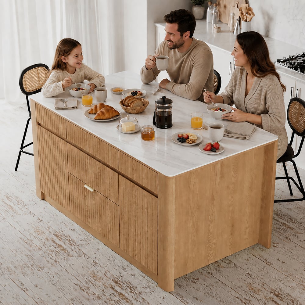 Hodnocení zákazníků pro položku Mid-Century-Modern-Kücheninsel s lesklou kamennou deskou a úložným prostorem v přírodních barvách, 183 cm