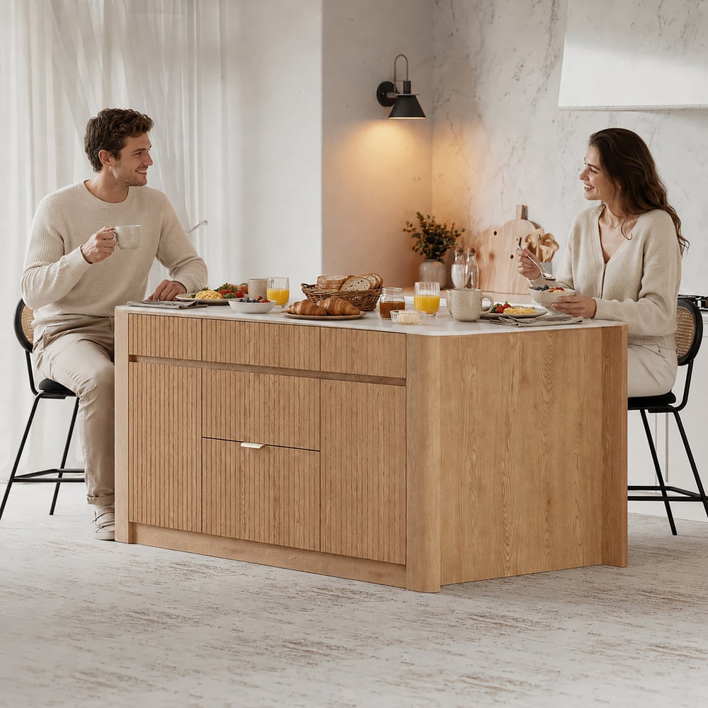 Hodnocení zákazníků pro položku Mid-Century-Modern-Kücheninsel s lesklou kamennou deskou a úložným prostorem v přírodních barvách, 183 cm