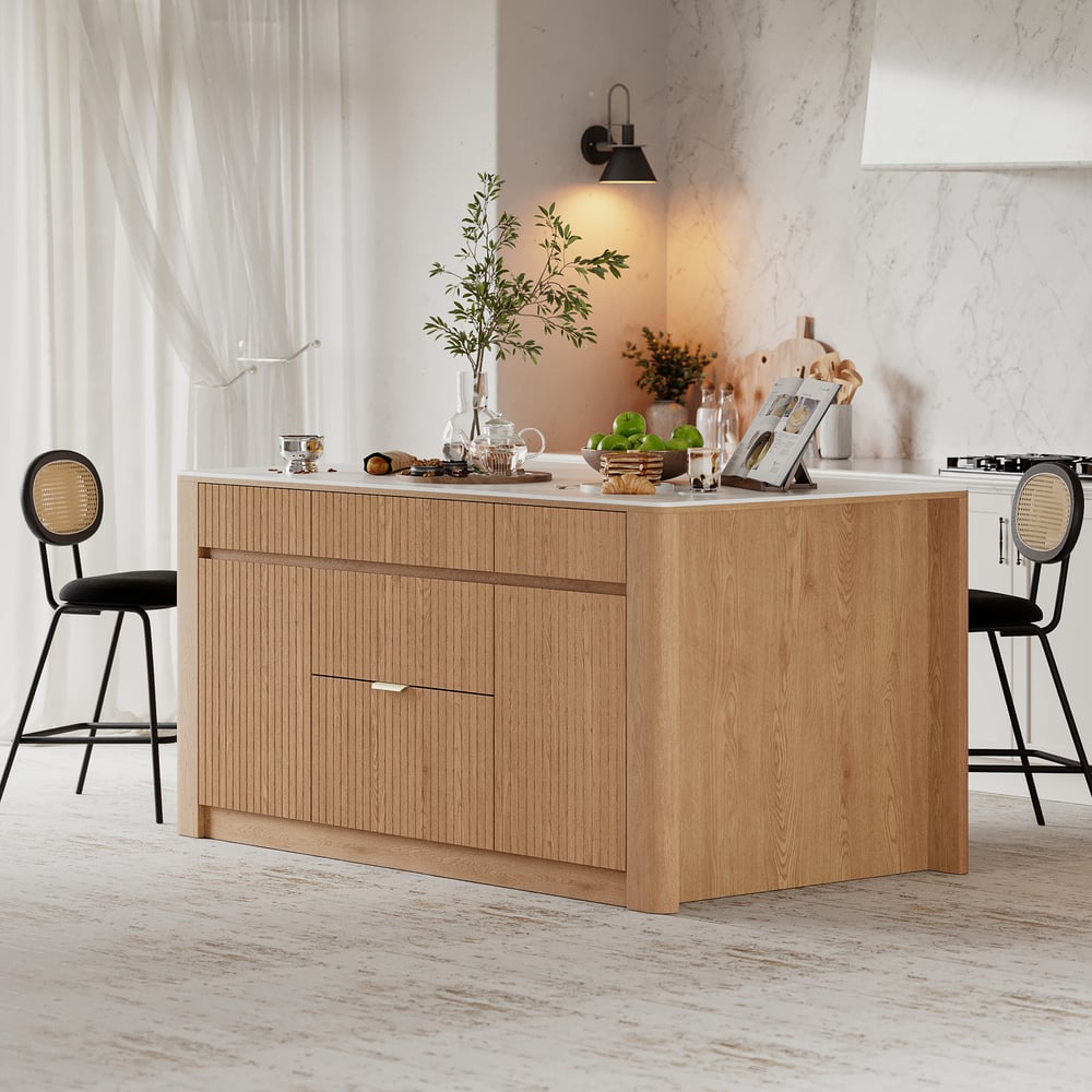 Hodnocení zákazníků pro položku Mid-Century-Modern-Kücheninsel s lesklou kamennou deskou a úložným prostorem v přírodních barvách, 183 cm