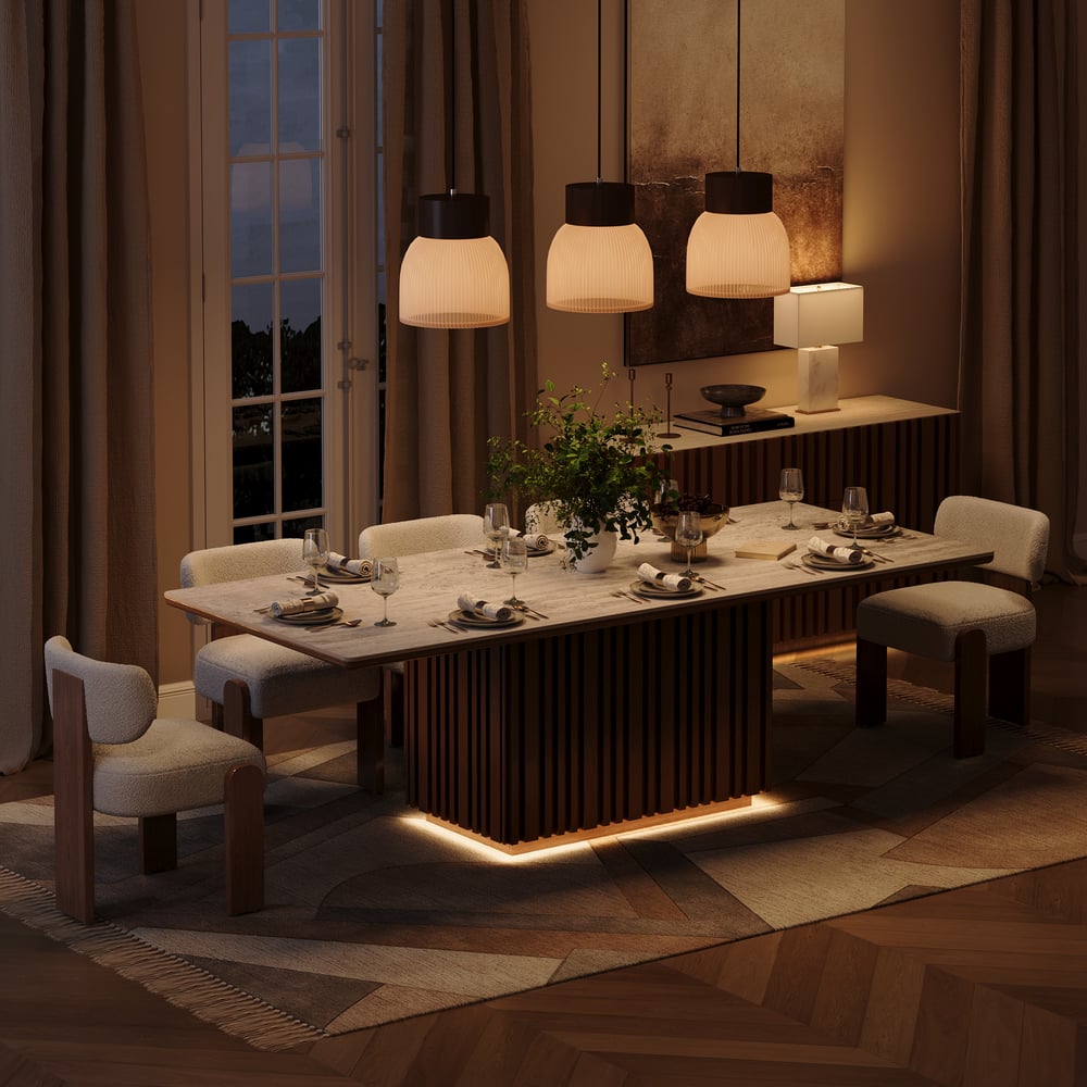 Aura 84" Rectangular Faux Travertine Sintered Stone Dining Table, Fluted Base, Seats 8 window image