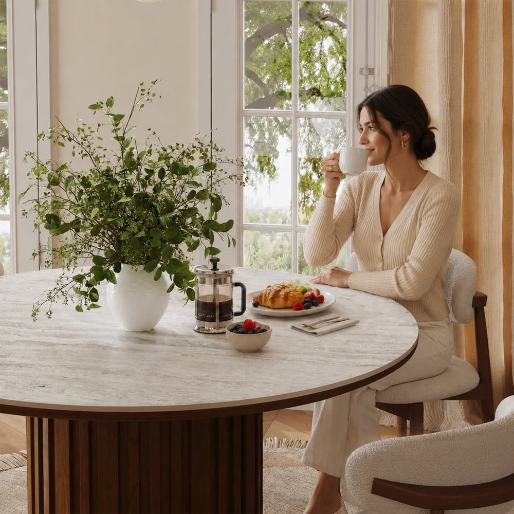 Table à manger ronde Aura de 119 cm en pierre frittée imitation travertin, base cannelée, 4 places image de fenêtre
