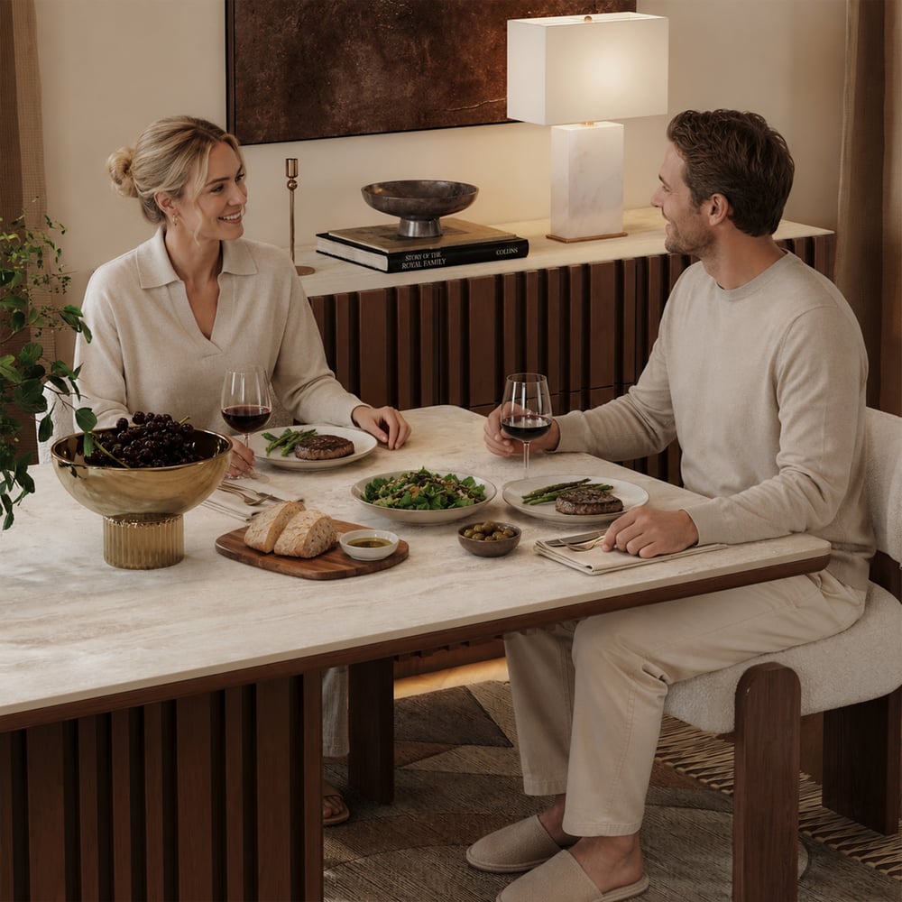 Aura 84" Rectangular Faux Travertine Sintered Stone Dining Table, Fluted Base, Seats 8 window image