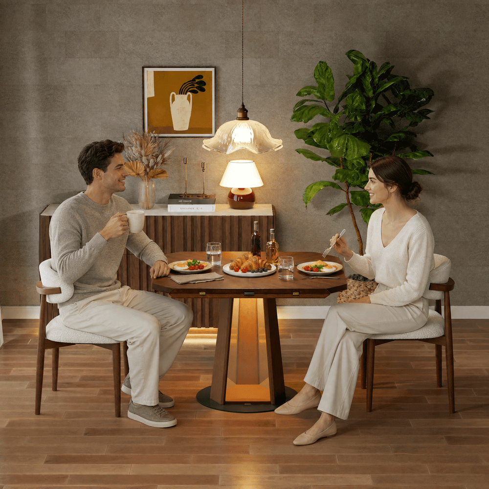 Mesa de jantar extensível de madeira de nogueira de 91-119 cm com luz LED, para 2-4 pessoas Imagem da janela