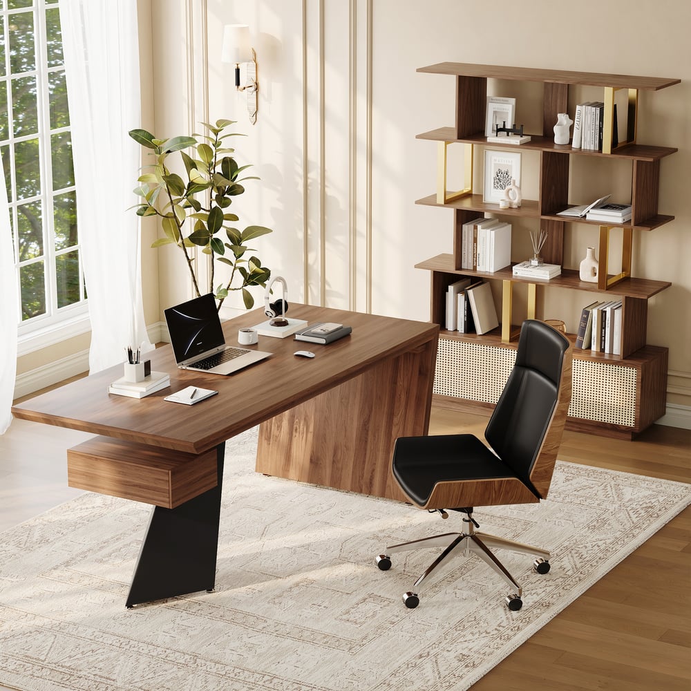 Modern 71" Rectangular Walnut Rubberwood Desk with Drawer window image