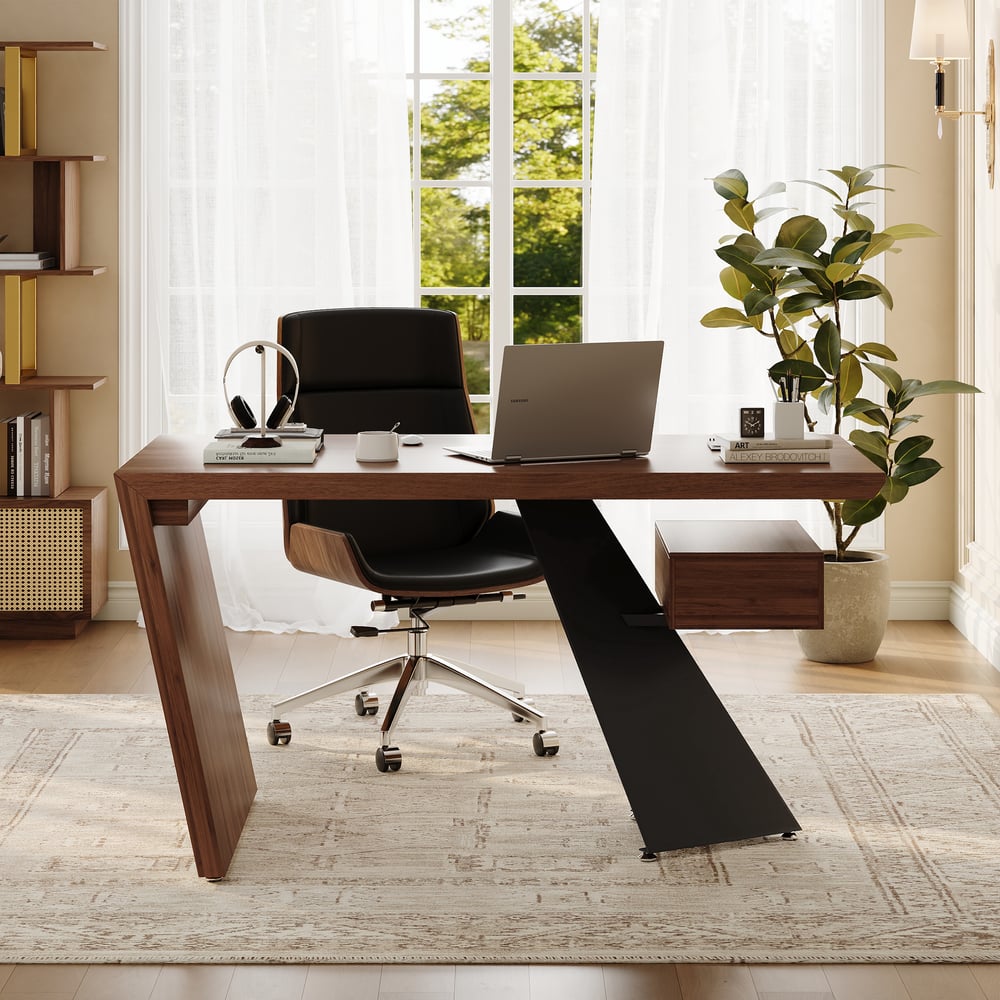 Modern 55" Rectangular Walnut Rubberwood Desk with Drawer window image