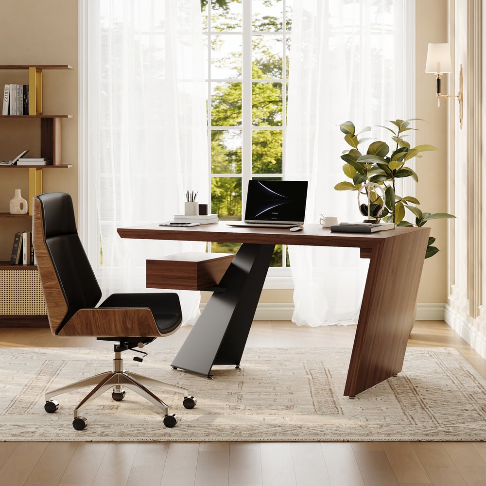 Modern 55" Rectangular Walnut Rubberwood Desk with Drawer window image