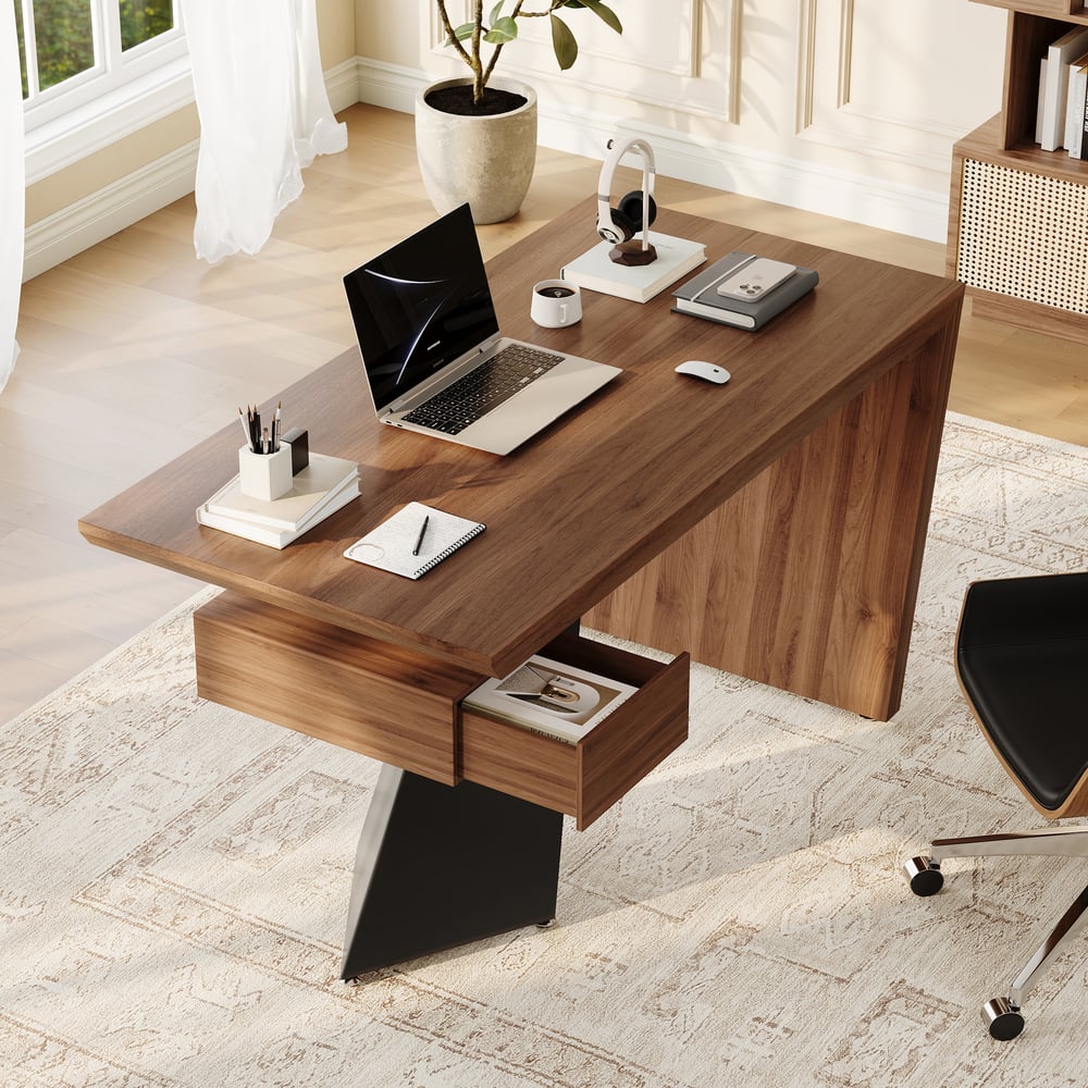 Modern 55" Rectangular Walnut Rubberwood Desk with Drawer window image