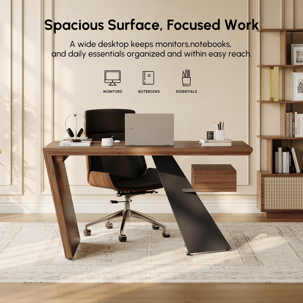 Modern 55" Rectangular Walnut Rubberwood Desk with Drawer window image