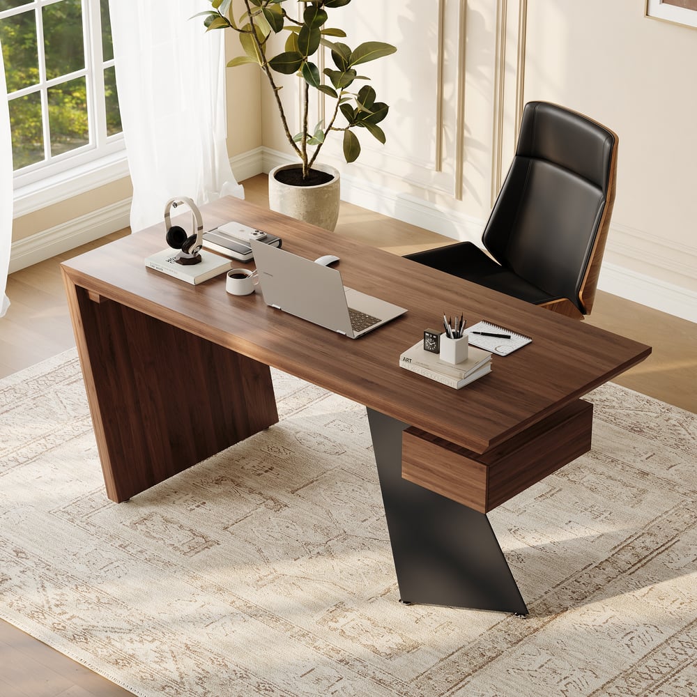 Modern 63" Rectangular Walnut Rubberwood Desk with Drawer window image