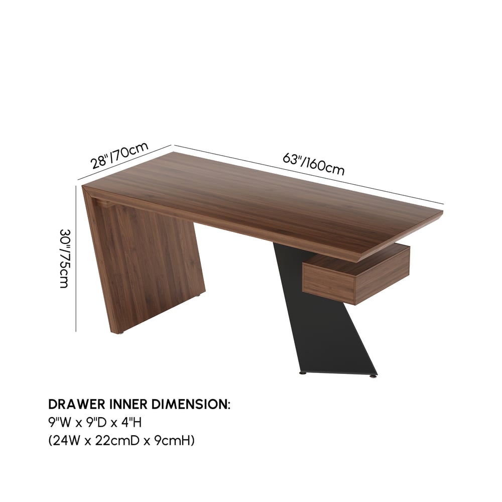 Modern 55" Rectangular Walnut Rubberwood Desk with Drawer weights dimensions image