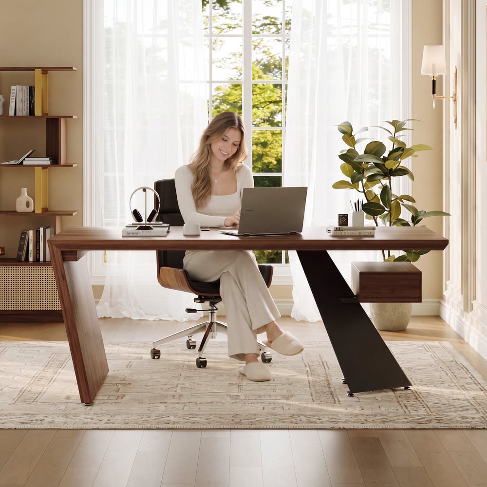 Modern 71" Rectangular Walnut Rubberwood Desk with Drawer window image