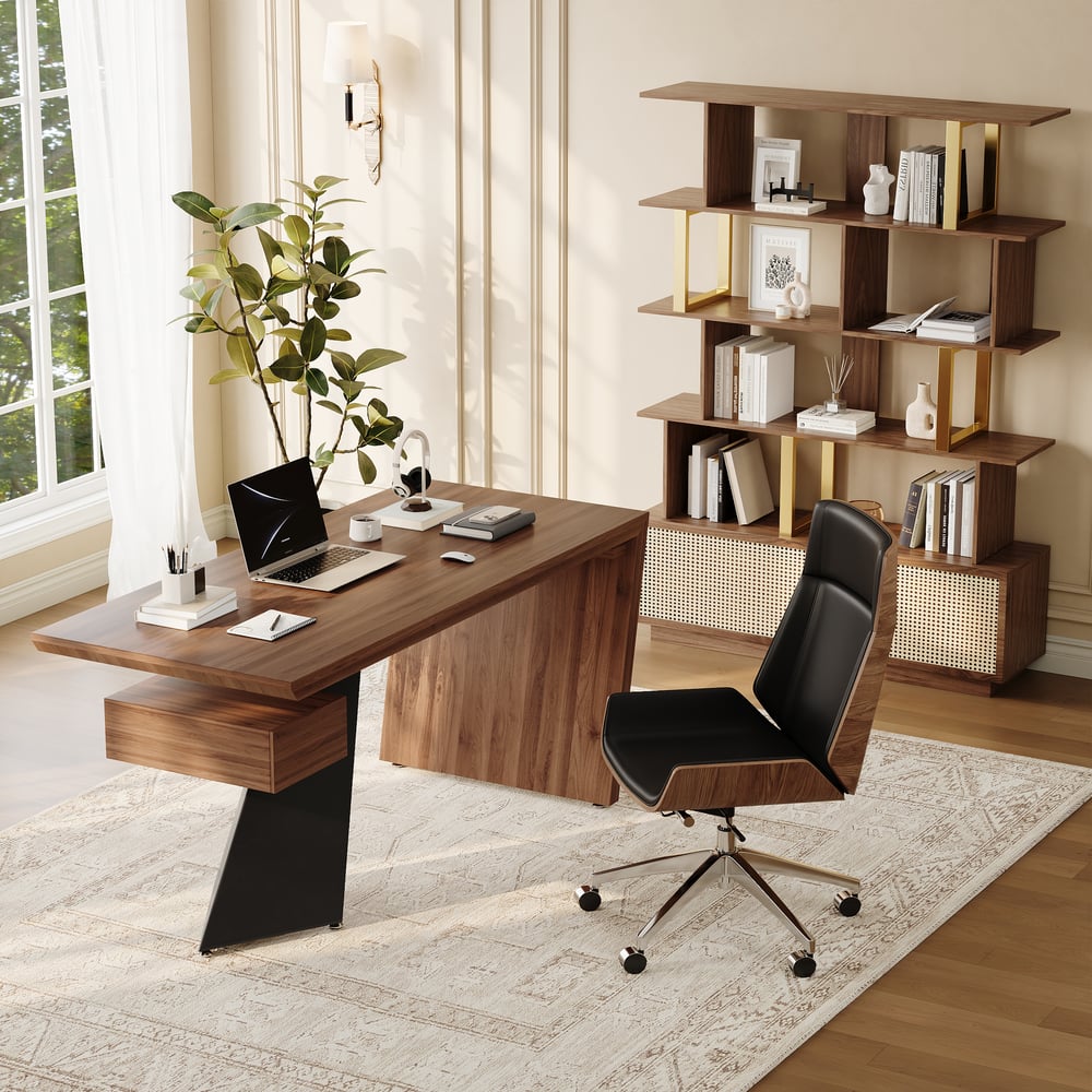 Modern 63" Rectangular Walnut Rubberwood Desk with Drawer window image