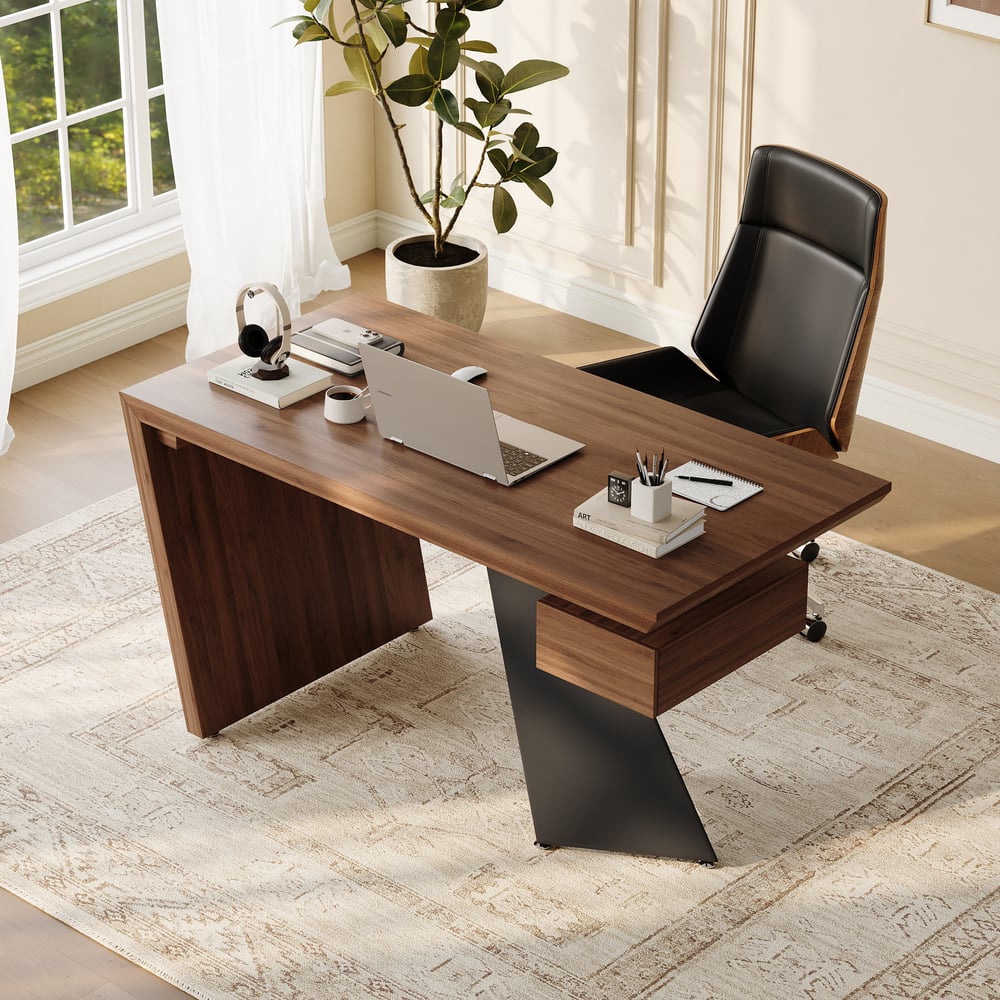 Modern 55" Rectangular Walnut Rubberwood Desk with Drawer window image