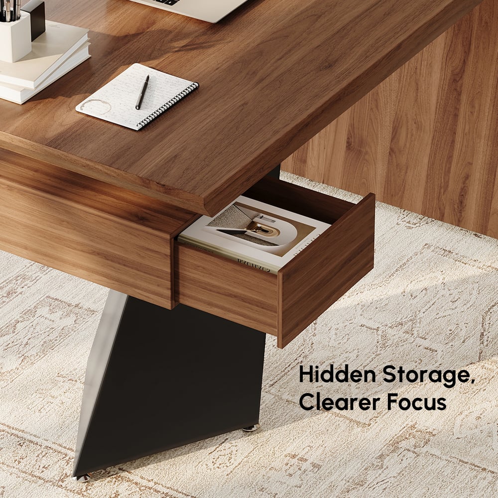 Modern 55" Rectangular Walnut Rubberwood Desk with Drawer window image
