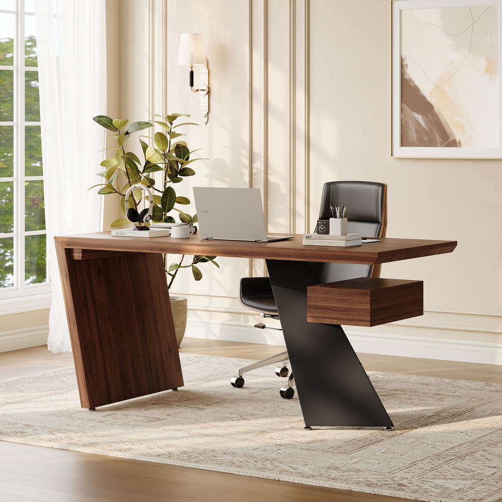 Modern 63" Rectangular Walnut Rubberwood Desk with Drawer window image