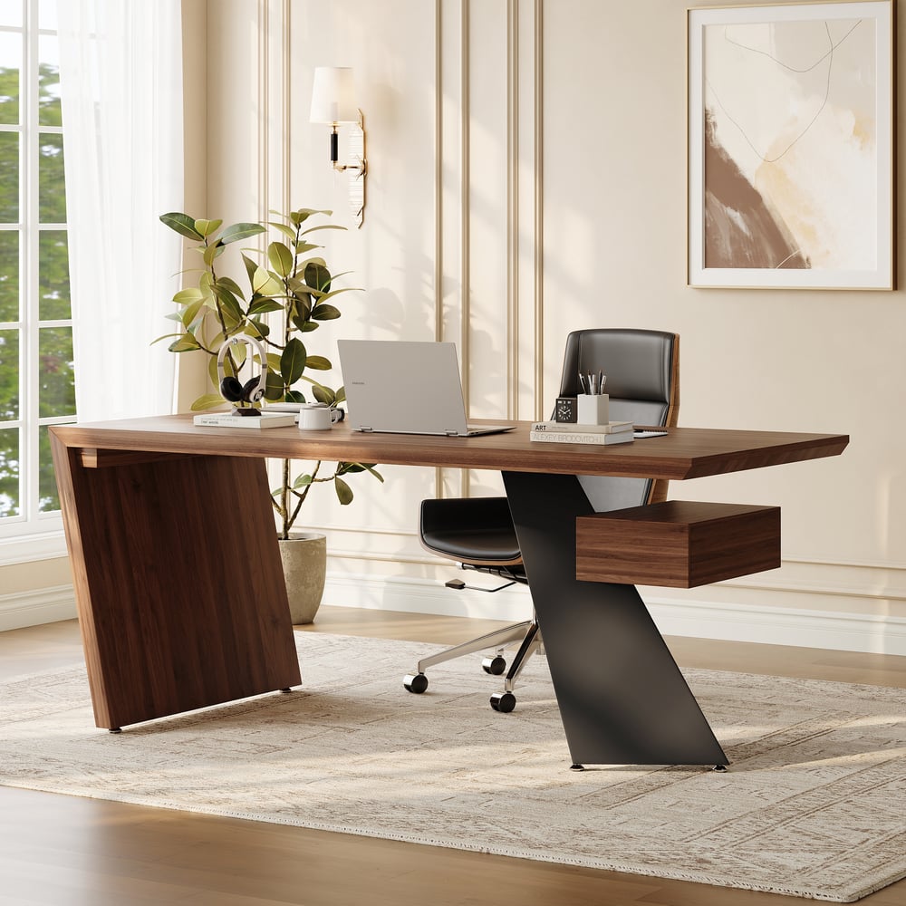 Modern 71" Rectangular Walnut Rubberwood Desk with Drawer window image