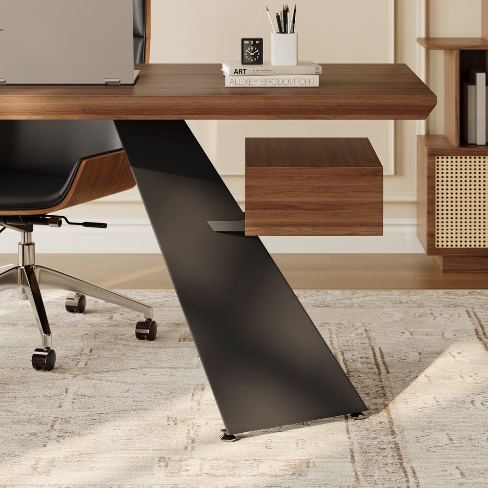 Modern 71" Rectangular Walnut Rubberwood Desk with Drawer window image