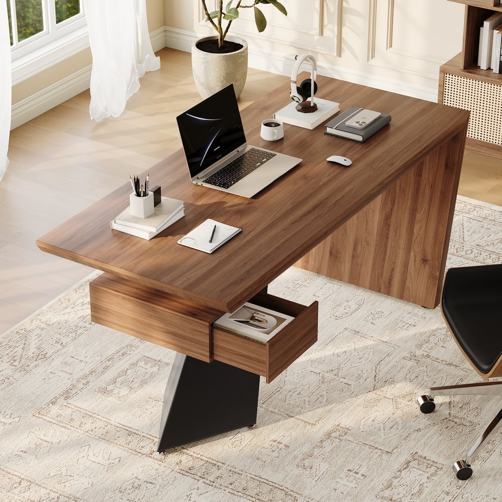 Modern 63" Rectangular Walnut Rubberwood Desk with Drawer window image
