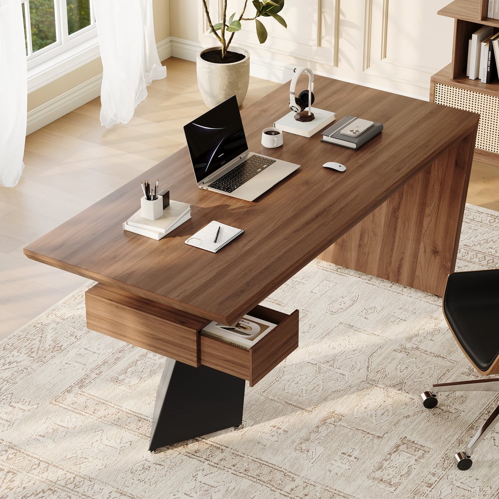 Modern 71" Rectangular Walnut Rubberwood Desk with Drawer window image