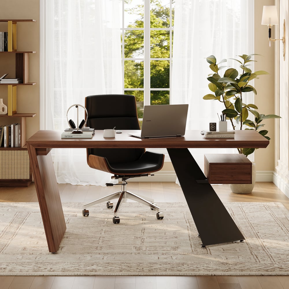 Modern 63" Rectangular Walnut Rubberwood Desk with Drawer window image