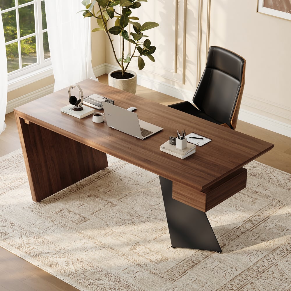 Modern 71" Rectangular Walnut Rubberwood Desk with Drawer window image