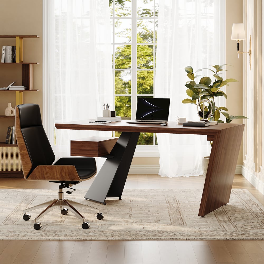Modern 63" Rectangular Walnut Rubberwood Desk with Drawer window image