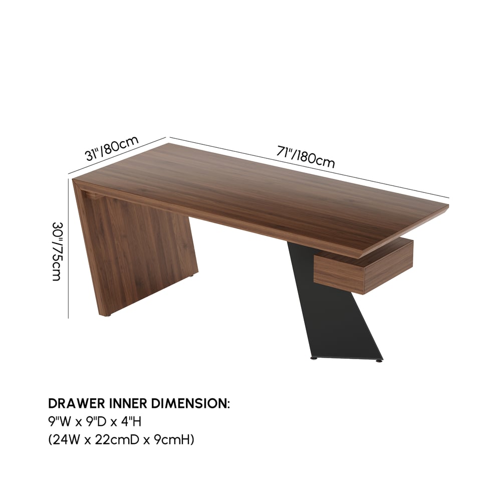 Modern 71" Rectangular Walnut Rubberwood Desk with Drawer weights dimensions image