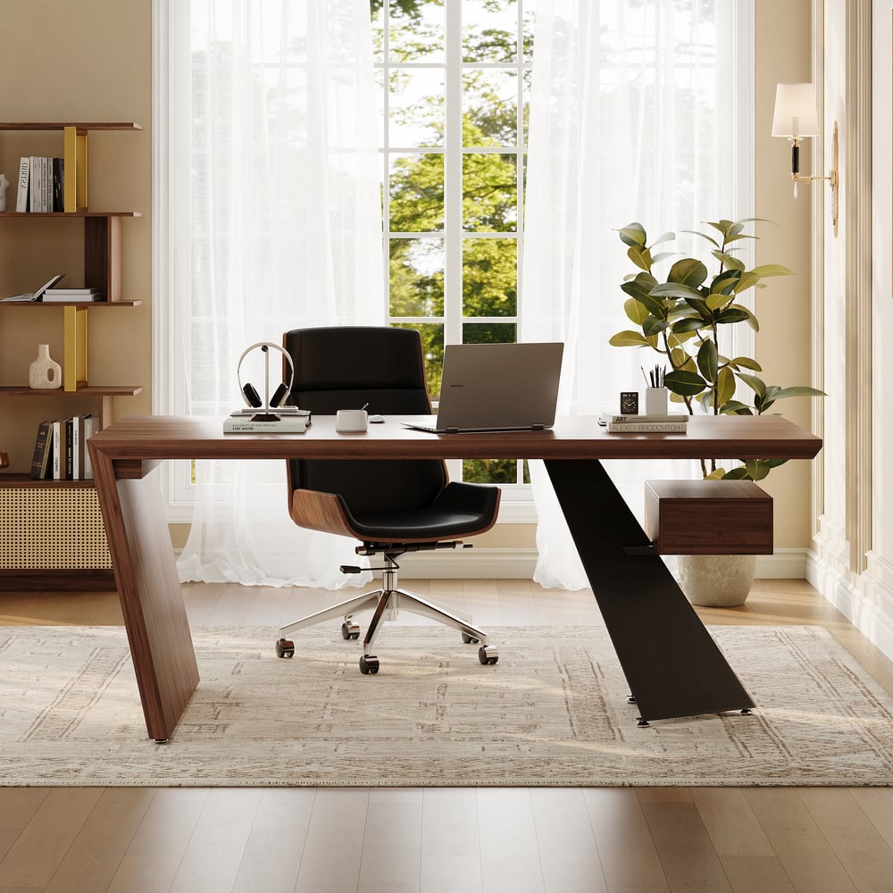 Modern 71" Rectangular Walnut Rubberwood Desk with Drawer window image