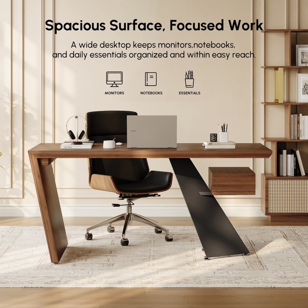 Modern 63" Rectangular Walnut Rubberwood Desk with Drawer window image