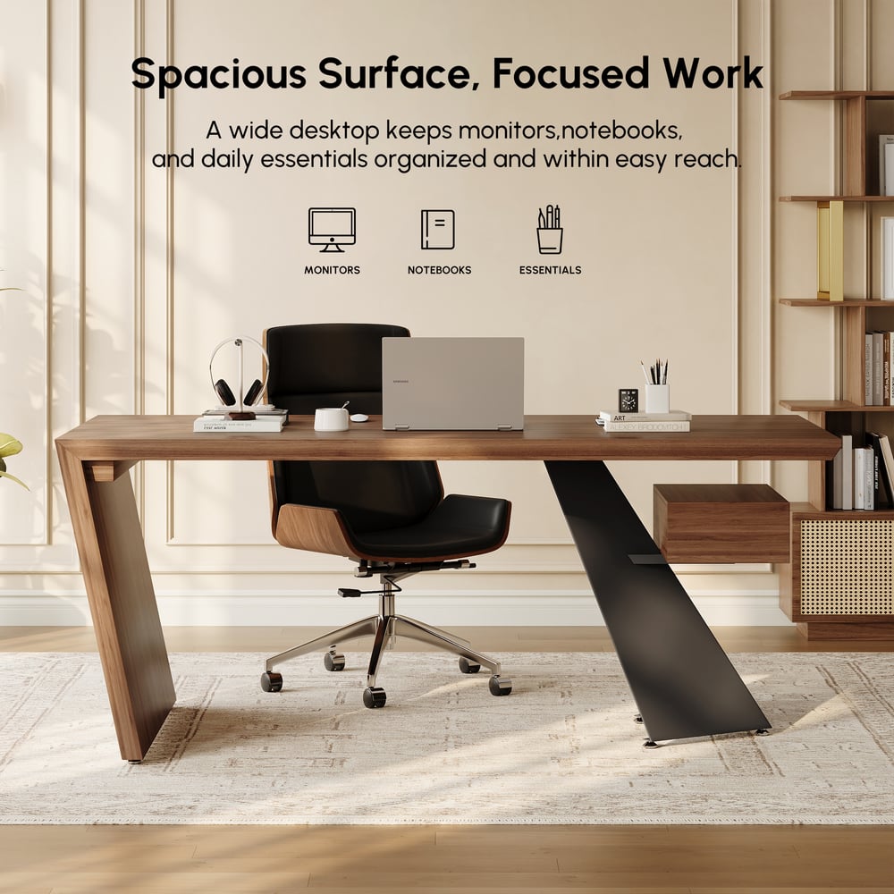 Modern 71" Rectangular Walnut Rubberwood Desk with Drawer window image
