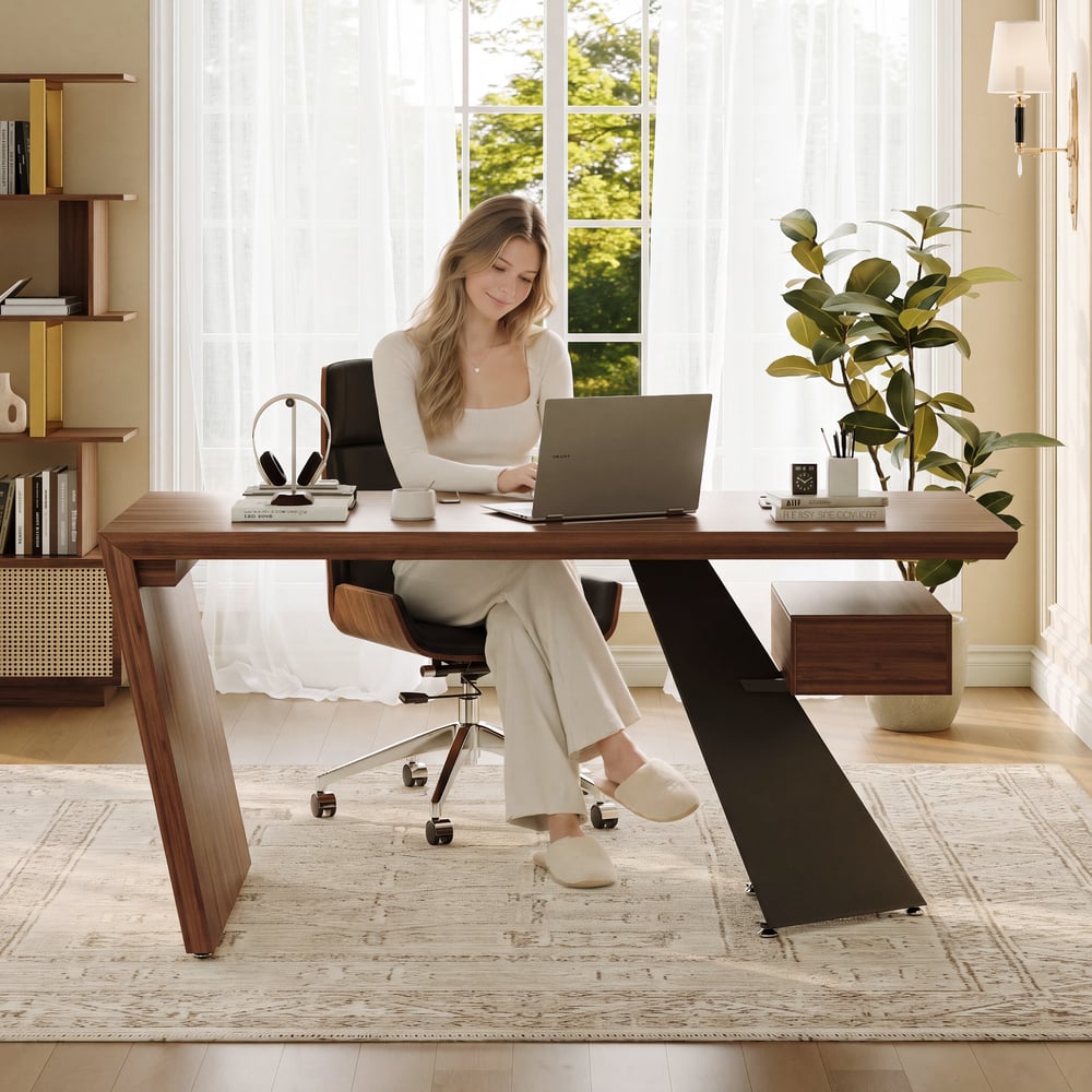 Modern 63" Rectangular Walnut Rubberwood Desk with Drawer window image