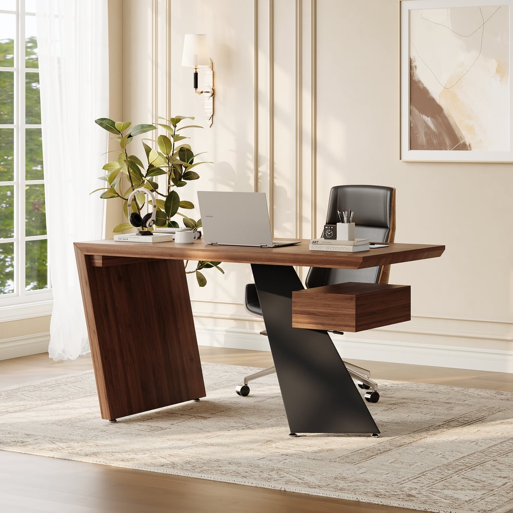 Modern 55" Rectangular Walnut Rubberwood Desk with Drawer window image