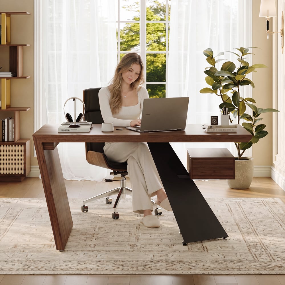 Modern 55" Rectangular Walnut Rubberwood Desk with Drawer window image