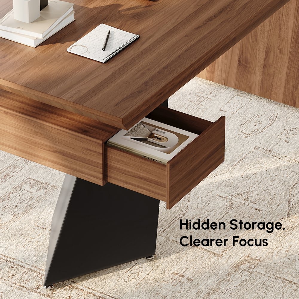 Modern 63" Rectangular Walnut Rubberwood Desk with Drawer window image