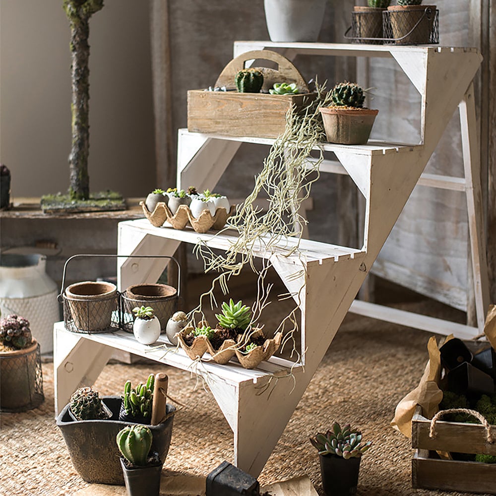 White Garden Plant Stand Ladder Shelf Flower Pot Display Rack window image
