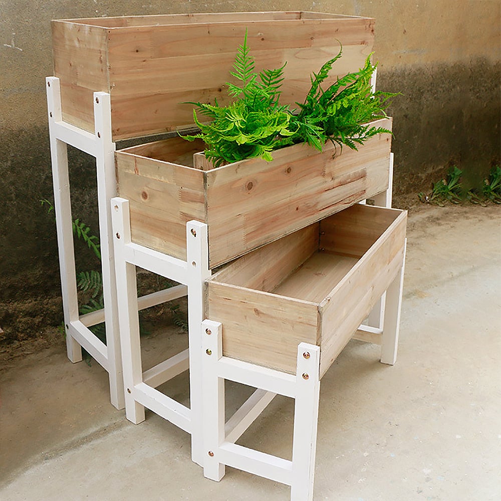 Elevated Garden Planter Wood Plant Stand Raised Garden Bed Set of 3 window image