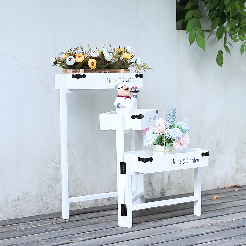 Folding Wood Flower Stand Garden Plant Stand 3 Tiers window image
