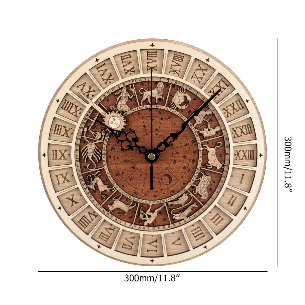 Retro Round Astronomical Wooden Wall Clock with Twelve Constellations Artistic Design window image