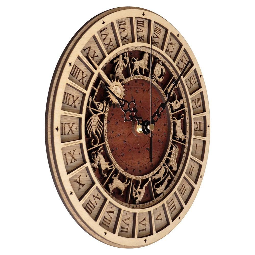 Retro Round Astronomical Wooden Wall Clock with Twelve Constellations Artistic Design window image