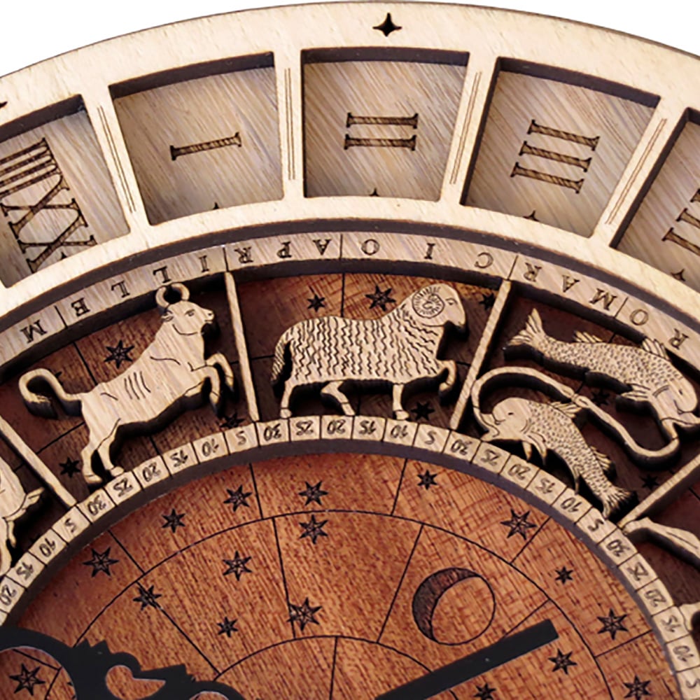 Retro Round Astronomical Wooden Wall Clock with Twelve Constellations Artistic Design window image