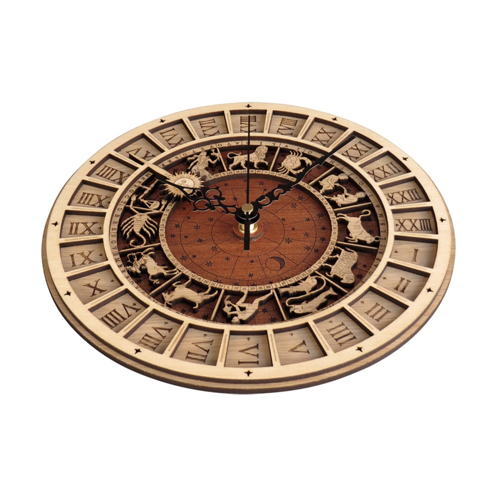 Retro Round Astronomical Wooden Wall Clock with Twelve Constellations Artistic Design window image