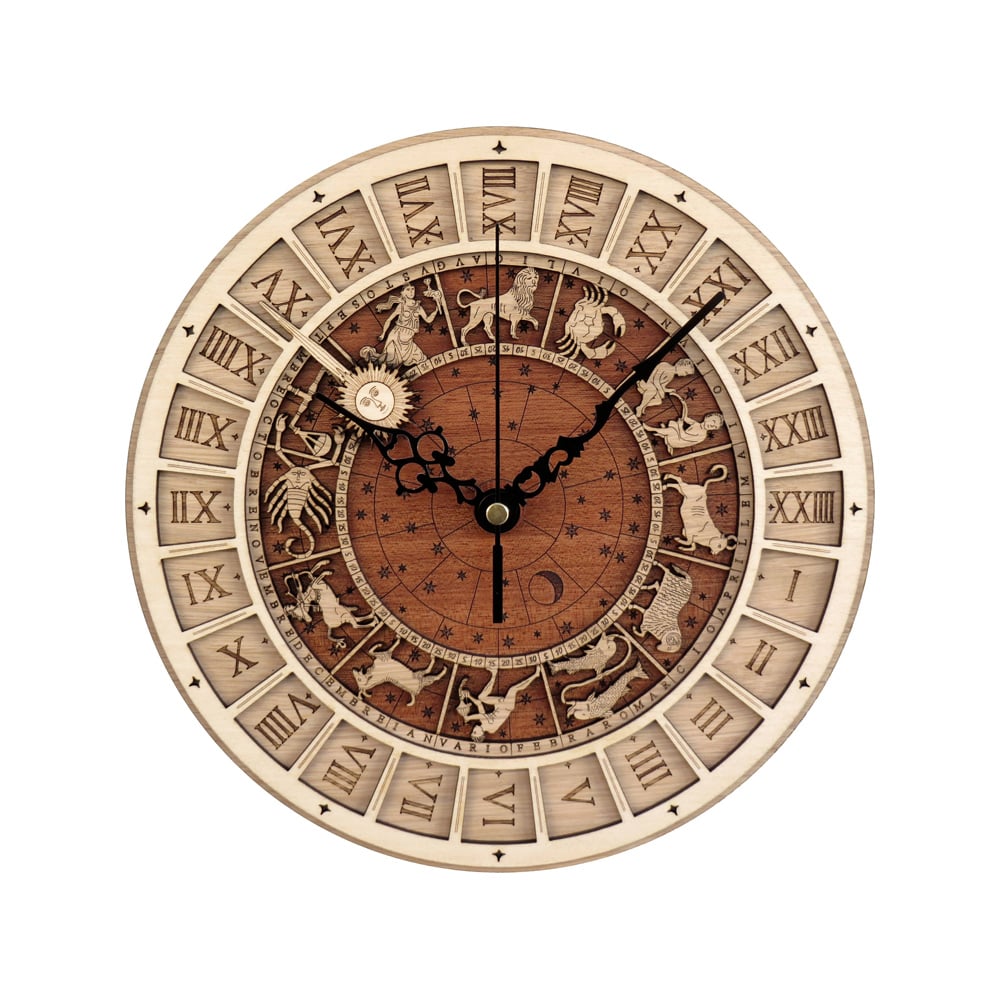 Retro Round Astronomical Wooden Wall Clock with Twelve Constellations Artistic Design window image