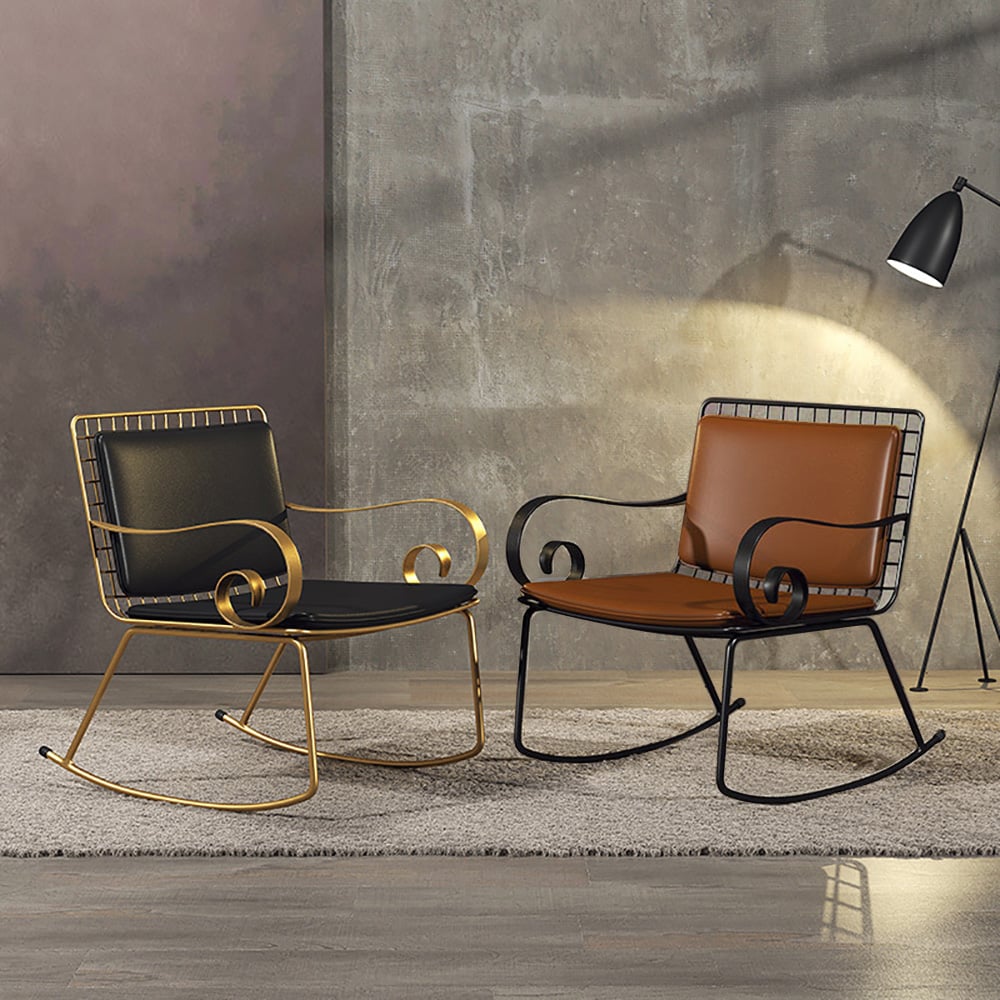Moderne metalen schommelstoel Arm PU lederen gestoffeerde accentstoel Vensterafbeelding
