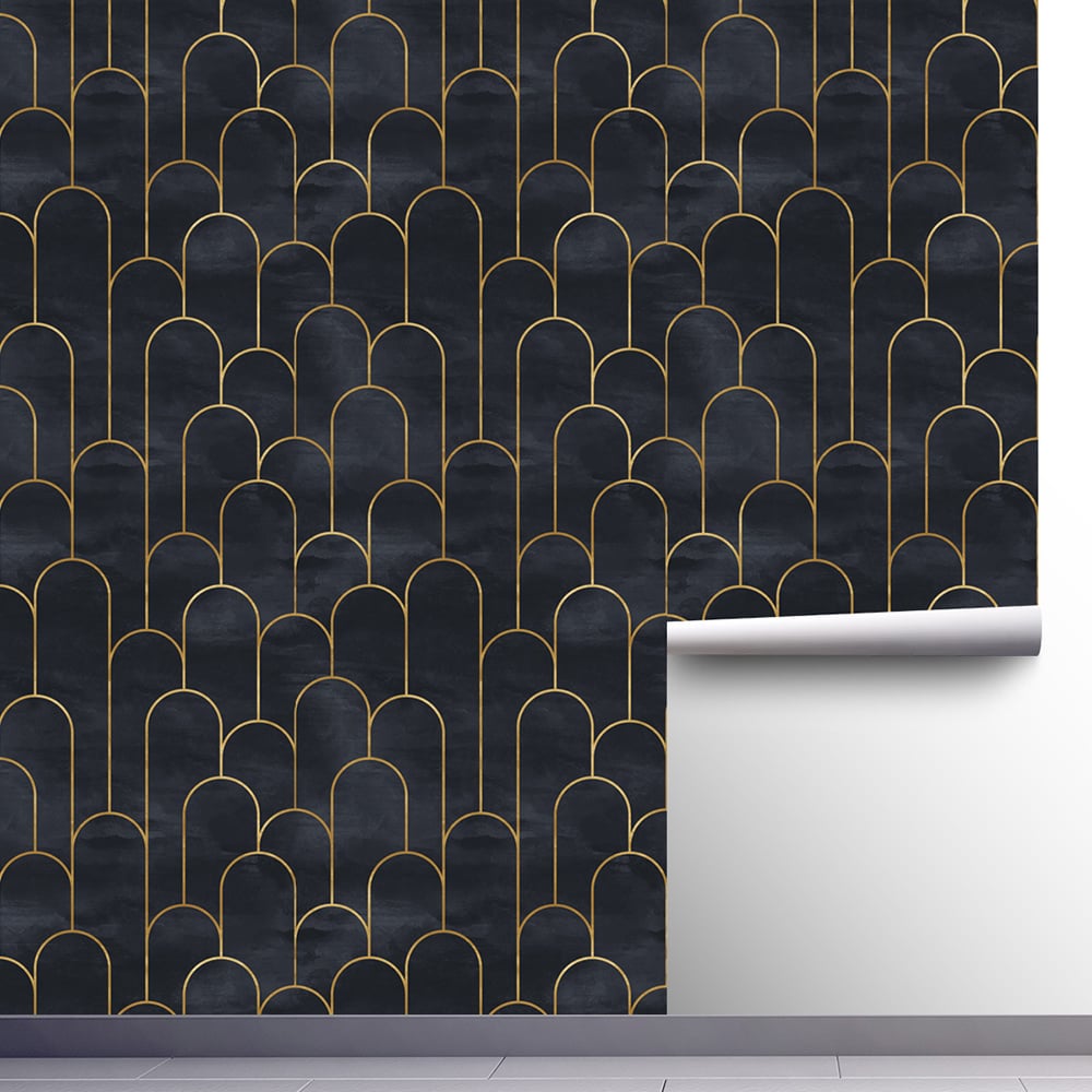 450mm x 3000mm Vintage Arch Line in Gold&Black Peel and Stick Wallpaper 2 Rolls window image