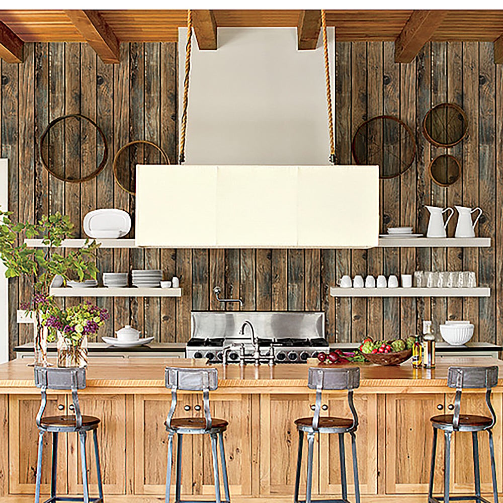 17.7'' x 236.2" Retro Simulation Wood Texture in Brown&Blue Peel and Stick Wallpaper window image