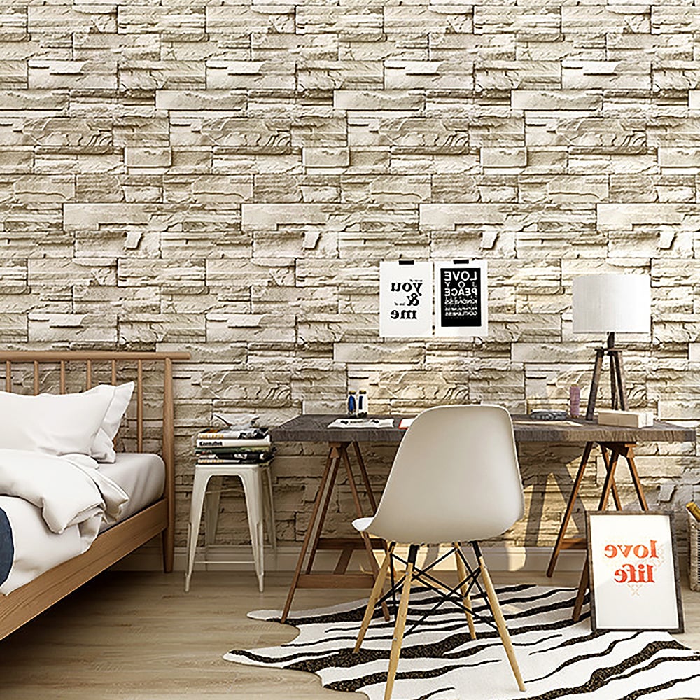 Industrail Brick Rock in Brownish Yellow 17.7″W x 19.6′L Peel and Stick Wallpaper window image