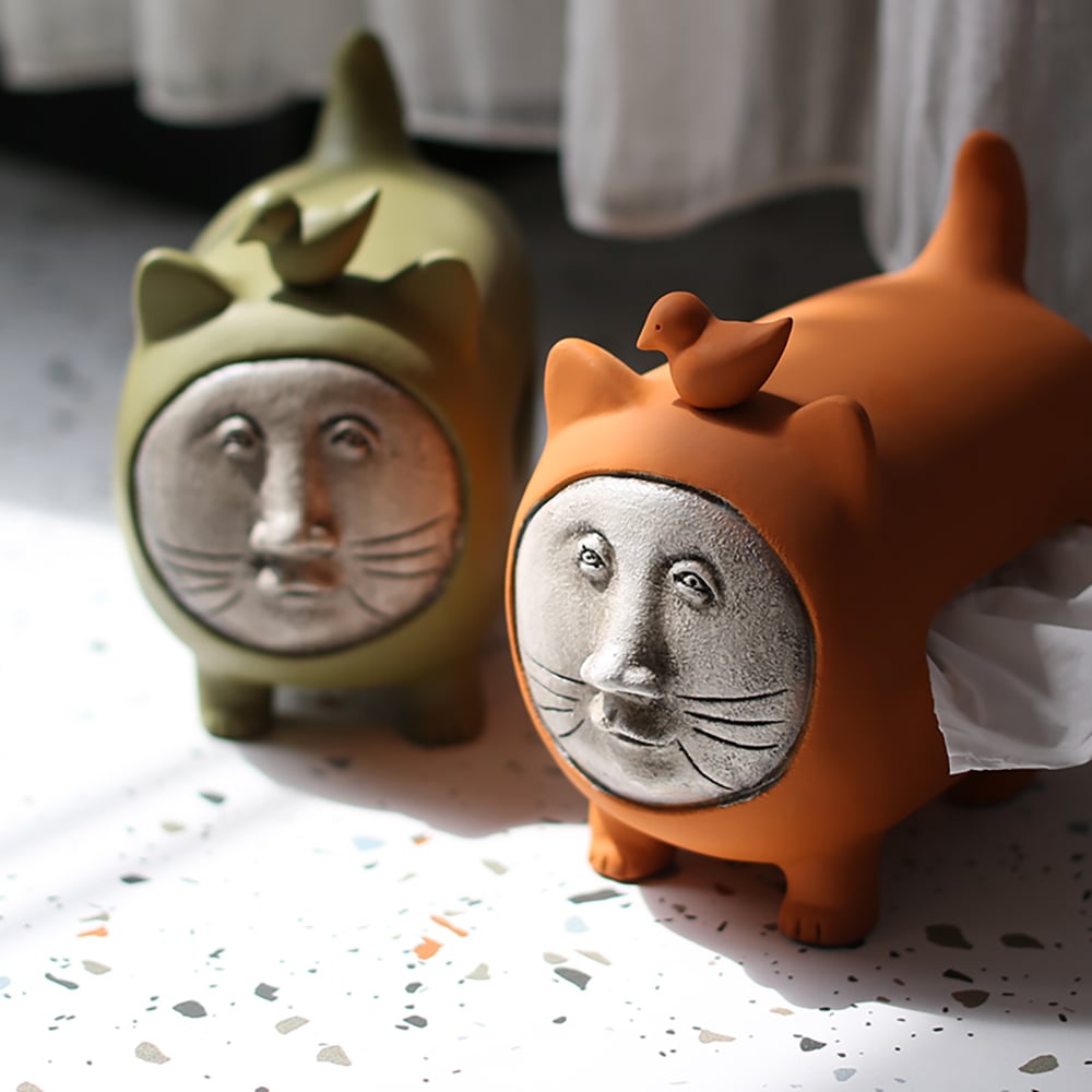 Adorable Cat Figurine Pull Out Tissue Box with Cover Back Opening window image