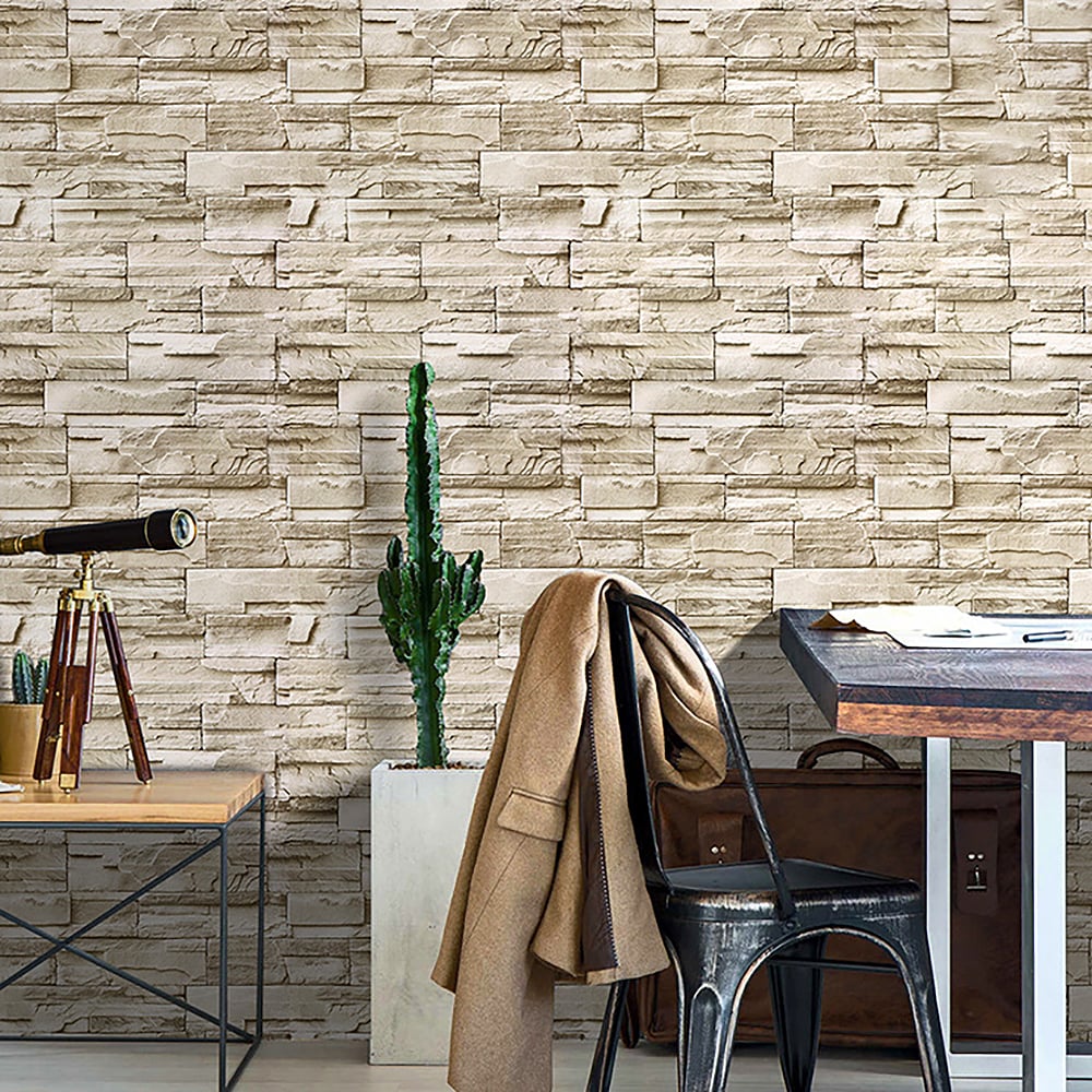 Industrail Brick Rock in Brownish Yellow 17.7″W x 19.6′L Peel and Stick Wallpaper window image