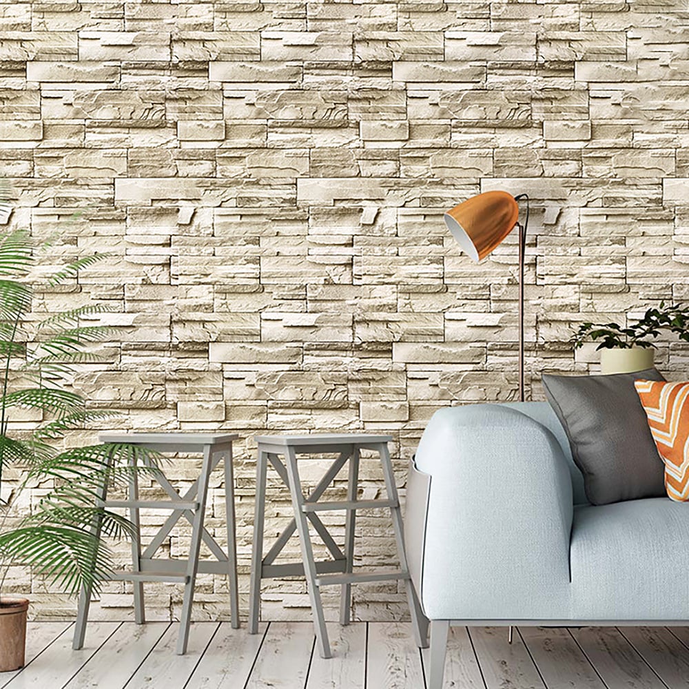 Industrail Brick Rock in Brownish Yellow 17.7″W x 19.6′L Peel and Stick Wallpaper window image